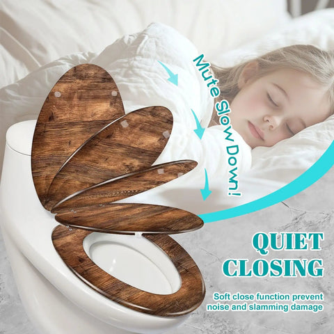Generic Replacement Elongated Resin Toilet Seat for Home Use with wooden finish, soft close feature, and quiet operation.