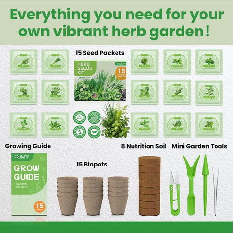 Image of Ultimate 15 In 1 Herb Garden Starter Kit For Indoor And Outdoor Growing with seed packets, biodegradable pots, and tools.