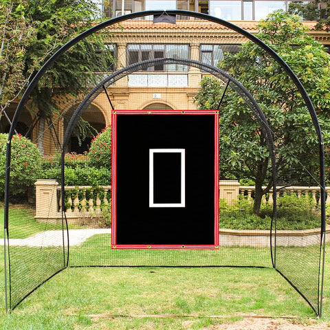 Heavy Duty 4x6 Ft Baseball Batting Cage Backstop With PVC Vinyl Backdrop, Strike Zone, Net Saver in backyard setup