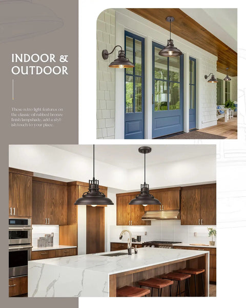 Farmhouse Pendant Light For Kitchen Island, 12 Inch Barn Style Hanging Lamp In Oil Rubbed Bronze shown in kitchen and patio settings