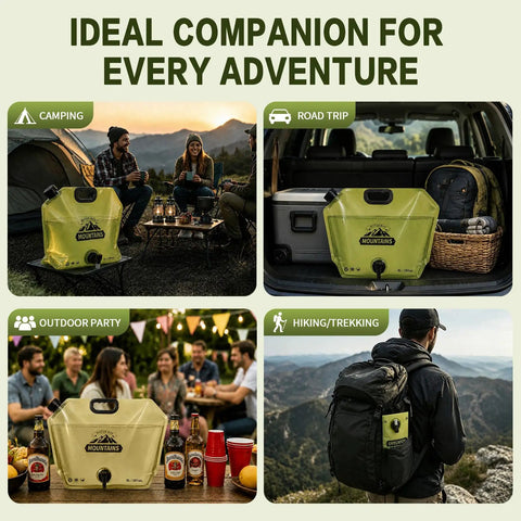 Two Pack Collapsible Water Jug For Camping And Hiking, 2 Gallon Leakproof Water Container With Spout shown in outdoor settings