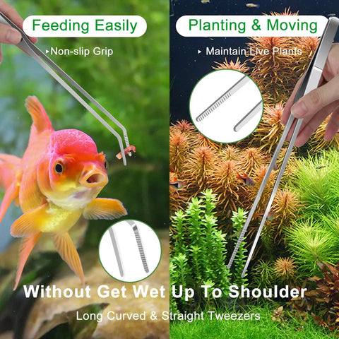 Goldfish being fed with Pro Grade 4 Piece Aquascaping Tools Set For Planted Tanks Includes Long Aquarium Tweezers.