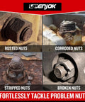 Four images of rusted, corroded, stripped, and broken nuts labeled for Five Piece Lug Nut Remover Kit With 17mm 19mm 21mm And 22mm Sockets One Half Inch Drive Pro Grade Bolt Extractor Socket Set With Removal Pin For Stripped Or Damaged Nuts DIY Ready And Easy To Use.