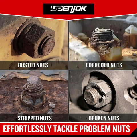 Four images of rusted, corroded, stripped, and broken nuts labeled for Five Piece Lug Nut Remover Kit With 17mm 19mm 21mm And 22mm Sockets One Half Inch Drive Pro Grade Bolt Extractor Socket Set With Removal Pin For Stripped Or Damaged Nuts DIY Ready And Easy To Use.