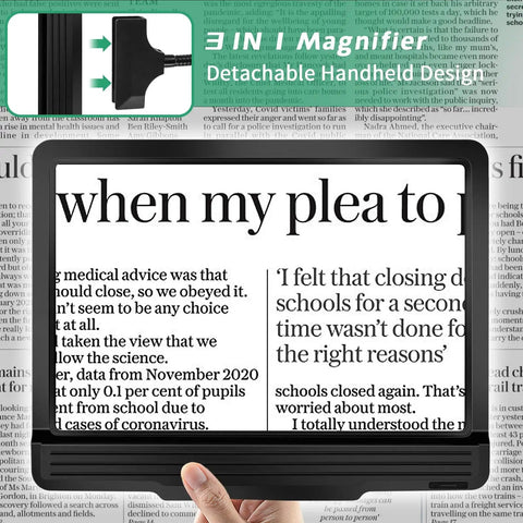 5X Rechargeable Floor Magnifying Glass With Light And Stand 43 LED Handy Hands Free Magnifier Lamp showing newspaper text enlargement
