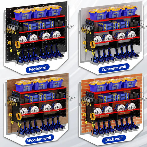 Beefed Up Heavy Duty Power Tool Organizer Wall Mount Rack with Four Levels and Eight Drill Holders installed on various wall types