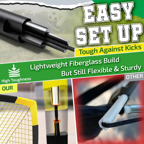 Close-up of a lightweight fiberglass build with easy setup, featuring a durable frame for Portable Soccer Goal Set 7x5 Ft Plus 5x3 Point 6 Ft For Youth Practice Large Frame Easy Setup Weather Resistant Build Backyard Ready Park Or School Training For Weekend Drills.