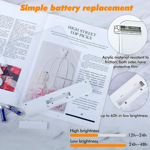 Clip On Book Light Battery Powered Flat Plate Led Lamp With Adjustable Brightness and Two Color Temperatures shown on open book