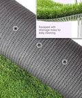 No Fuss Low Maintenance Artificial Turf With UV Resistant Non Toxic Drainage Friendly Surface For Outdoor Gardens Balconies And Terraces Realistic Look 1.5x12m 5x40ft Outdoor Landscape Solution For Lawn And Patio showing drainage holes in close-up and grass texture.