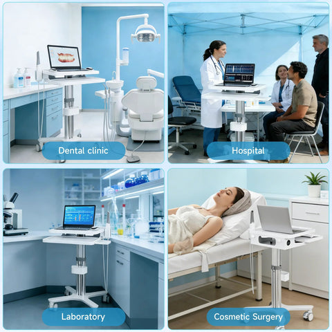 Mobile dental workstation cart with laptop tray and oral scanner holder on aluminum alloy frame with brakes and wheels