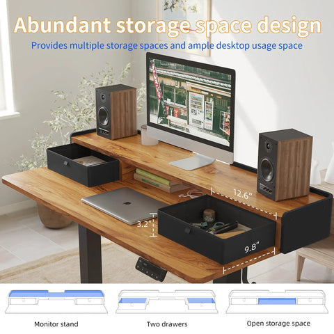Rustic Brown Electric Standing Desk 48x24 Inches For Short People Adjustable Height shows storage drawers and open space.