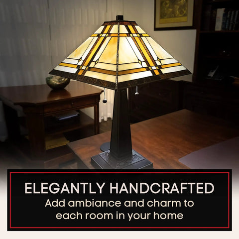 Vintage Tiffany Style Table Lamp With Stained Glass Shade 23 Inch Nightstand Light For Living Room Warm Brown Glass