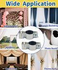 Two Pack Adjustable Pipe And Drape Clamps For 1.5 To 2 Inch Brackets Backdrop Stand, shown in various event settings.
