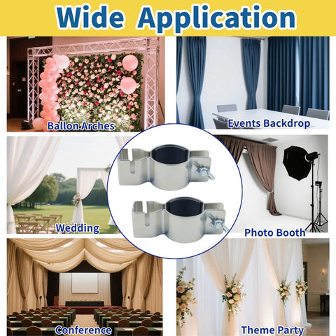 Two Pack Adjustable Pipe And Drape Clamps For 1.5 To 2 Inch Brackets Backdrop Stand, shown in various event settings.
