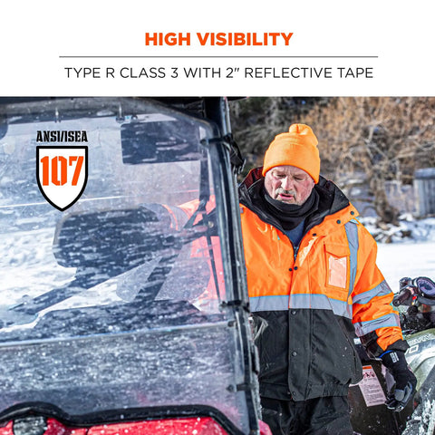 Man wearing High Visibility Reflective Winter Bomber Jacket With Zip Out Fleece Liner Windproof And Water Resistant 300D Shell ANSI Compliant