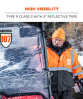 Person wearing Hi Vis Reflective Winter Bomber Jacket With Zip Out Fleece Liner ANSI Compliant Windproof And Water Resistant 300D Ripstop
