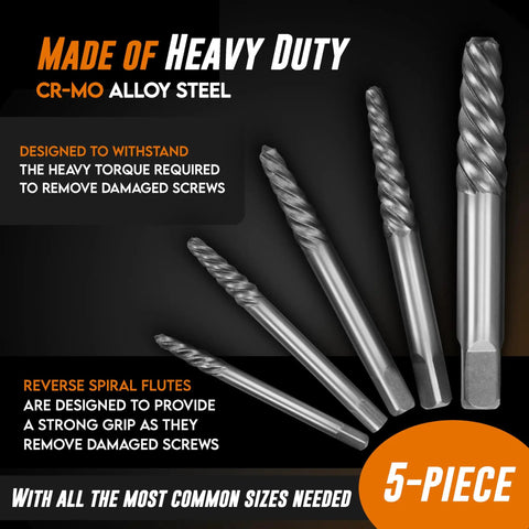 5 Piece Screw Extractor Set For Stripped And Damaged Screws Easy Out Spiral Extractors In CrMo Alloy Steel Professional Bolt Remover