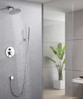 Wall mounted All-In-One Rain Shower System For Bathroom with 8-Inch Rain Head, Brass Handheld Sprayer, and Rough-In Valve in modern bathroom