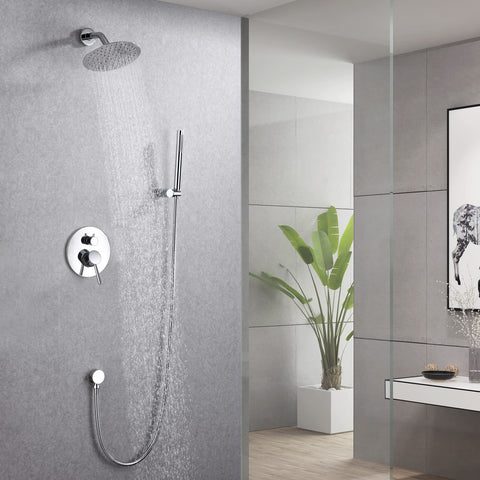 Wall mounted All-In-One Rain Shower System For Bathroom with 8-Inch Rain Head, Brass Handheld Sprayer, and Rough-In Valve in modern bathroom