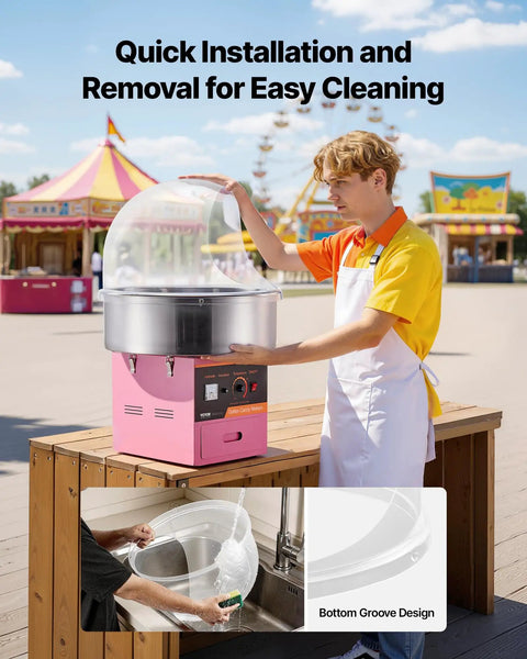 Clear Acrylic Dome Shield For Cotton Candy Machine, 21 Inch Bubble Cover with Bottom Groove on a pink floss maker