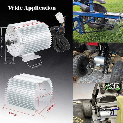 1600W 48V Brushless DC Motor Kit For Go Karts With Smart Throttle And 33A Electronic Speed Controller rigid aluminum motor displayed with dimensions