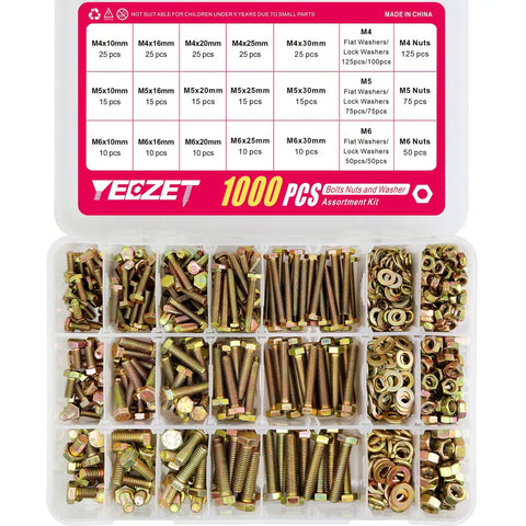 1000 Piece Grade 8.8 Hex Bolts And Nuts Assortment Kit With Flat Washers M4 M5 M6 Metric Hardware Set in storage bin