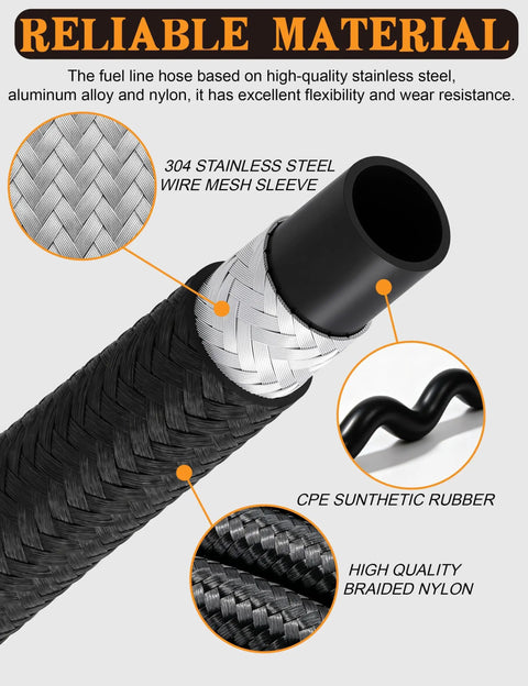 High Performance 8AN Nylon Braided CPE Fuel Oil Hose, 20 Foot Length With Fittings Kit, Solid 1/2 Inch Gas Line For Your Ride, Not Compatible With E85 Or PTFE Use