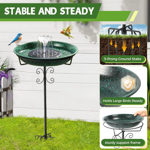 Sun Powered Metal Bird Bath With Fountains For Hummingbirds Stable 5 Prong Base Stake Outdoor Lawn Patio Garden Decor No Wiring Or Batteries Solar Fountain Starts In Seconds In Direct Sunlight Adds Charm And Attracts Wildlife To Your Yard Lit