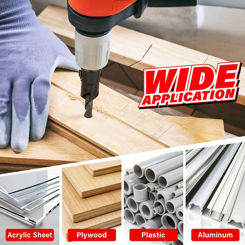 Drill using 15 Piece Countersink Drill Bit Set For Woodworking M2 HSS Tapered Bits with wood and various materials shown in diagram.