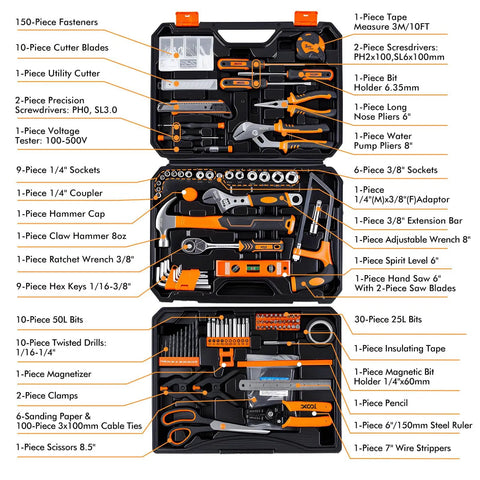 Go-To 368-Piece Home Repair Tool Kit With Drawer Toolbox Set Built Tough For Home Office Garage And DIY Projects Includes Hammer Pliers Screwdrivers Wrench Tape Measure And More shown open with tools