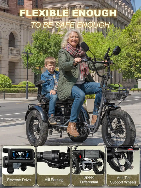 Creek Folding Electric Tricycle For Adults With Passenger Seat And Backrest, 1000W Etrike Reaches 20 MPH, Up To 80 Miles, Fat Tire Three-Wheel Electric Bike With Reverse, Parking, Differential, In Bright Orange, adult woman and child riding black trike