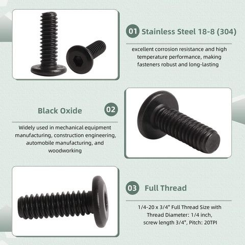Beefy Flat Head Hex Socket Cap Screws 1/4-20 x 3/4 Inch Full Thread Bolts Black Oxide Stainless 304 18-8