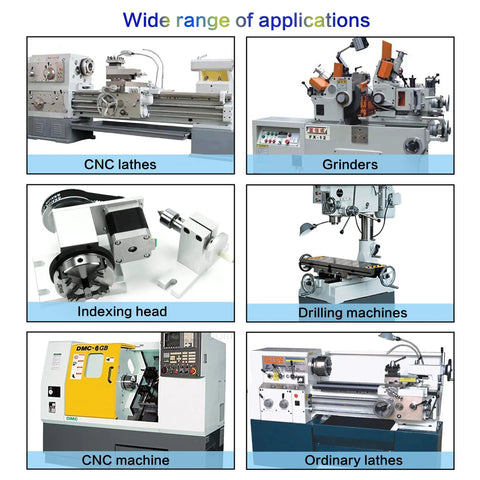 Various CNC, grinding, indexing, drilling, and ordinary lathe machines; labeled for different applications