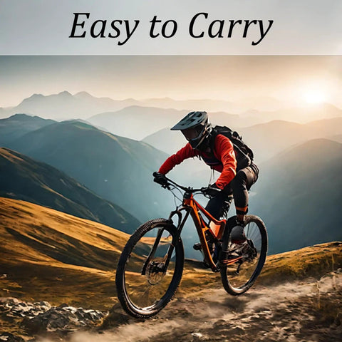 Mountain biker riding at sunset, wearing protective gear, highlighting off-road capabilities