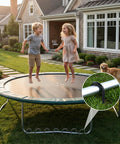 Children playing on a trampoline secured with Beefy 8 Inch U Shaped Ground Anchor Stakes, 10 Pack Galvanized Rebar Stakes For Fence.
