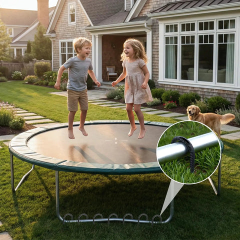 Children playing on a trampoline secured with Beefy 8 Inch U Shaped Ground Anchor Stakes, 10 Pack Galvanized Rebar Stakes For Fence.