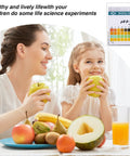 Mother and daughter eating fruits at table with PH Test Strips 0 to 14 Universal Litmus Test Paper in corner.