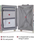 Interior of the Go To 20 Inch Carry On Luggage With Spinner Wheels And USB Port, showing compartments and X-shaped belt.