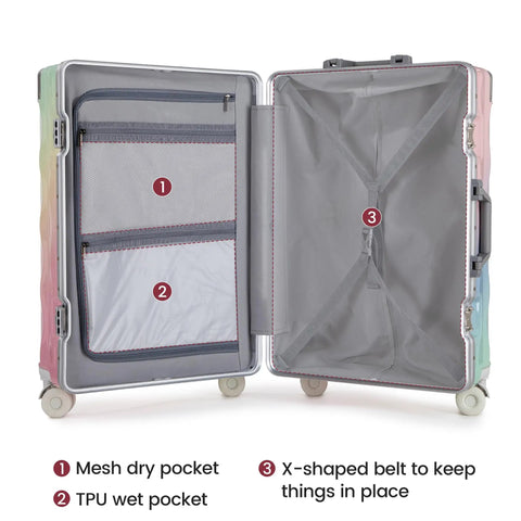 Interior of the Go To 20 Inch Carry On Luggage With Spinner Wheels And USB Port, showing compartments and X-shaped belt.