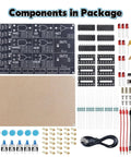 DIY Logic Gate Soldering Kit components with circuit board, resistors, LEDs, wires for beginners and STEM education.