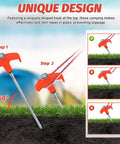 Rock Solid Heavy Duty Metal Tent Stakes Set with 7.87 Inch Screw In Pegs and Plastic Rotating Heads in Bright Orange installed in grass.