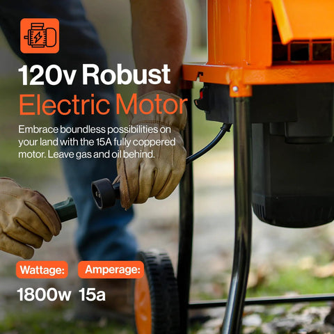 Person plugging in Beast Of A Leaf Mulcher Shredder With 15 Amp Motor 120 Volt Power Three 11 Inch Blades, orange frame visible
