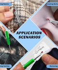 Application scenarios of seam ripper kit with 2 large and 2 small stitch removers shown in use for seam, buttonhole, hairline, label removal.