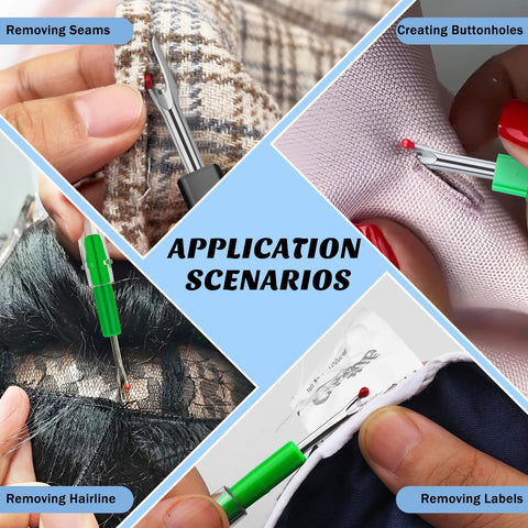 Application scenarios of seam ripper kit with 2 large and 2 small stitch removers shown in use for seam, buttonhole, hairline, label removal.