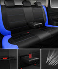 Rear view of air mesh leather car seat cover full set in black and blue with cupholder; fabric detail visible in close-ups.