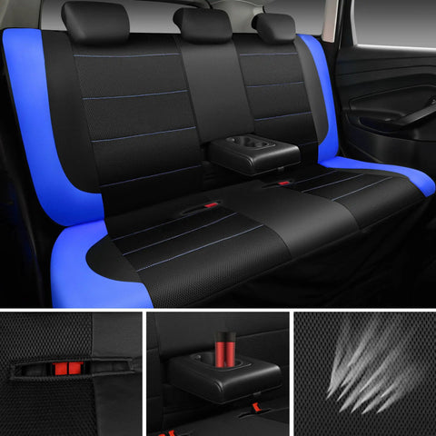 Rear view of air mesh leather car seat cover full set in black and blue with cupholder; fabric detail visible in close-ups.