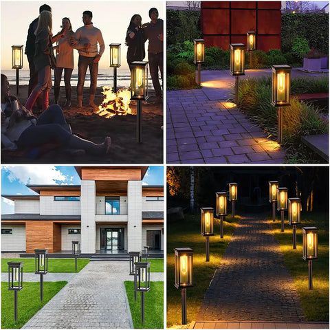 Outdoor Solar Pathway Lights Six Pack Waterproof LED Filament Lamps illuminating garden paths and backyard lawns in warm white.