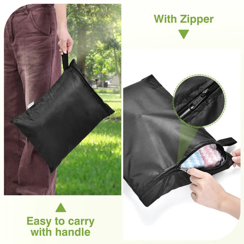 2 Pack 12X16 Inch Waterproof Wet Laundry Bags shown, one held by handle and another with zipper detail, black color, for travel.