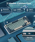Dope 75 Percent Wireless Mechanical Gaming Keyboard Featuring Tight Gasket Mount And Smooth Triple Mode Bluetooth 2.4Ghz Connectivity Hot Swappable Cream Switches With Durable Pbt Keycaps And Epic Rgb Backlighting on desk with laptop and tablet.
