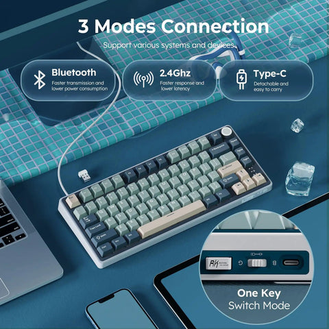 Dope 75 Percent Wireless Mechanical Gaming Keyboard Featuring Tight Gasket Mount And Smooth Triple Mode Bluetooth 2.4Ghz Connectivity Hot Swappable Cream Switches With Durable Pbt Keycaps And Epic Rgb Backlighting on desk with laptop and tablet.
